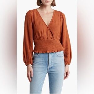 Madewell Rust Burnt Orange  Wrap Top Smocked Waist Long Sleeve Blouse Med NWT